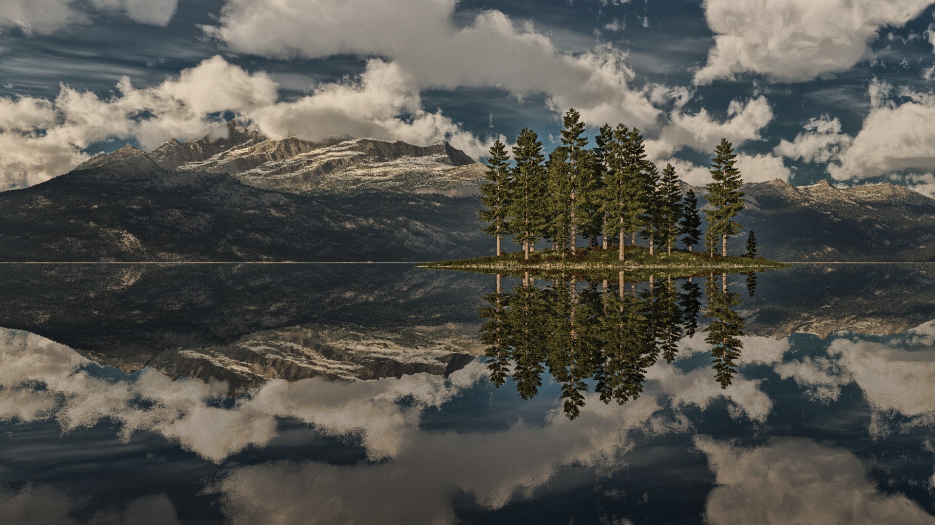 General 1920x1080 nature landscape lake reflection clouds trees forest water horizon digital art mountains snowy peak island grass sky