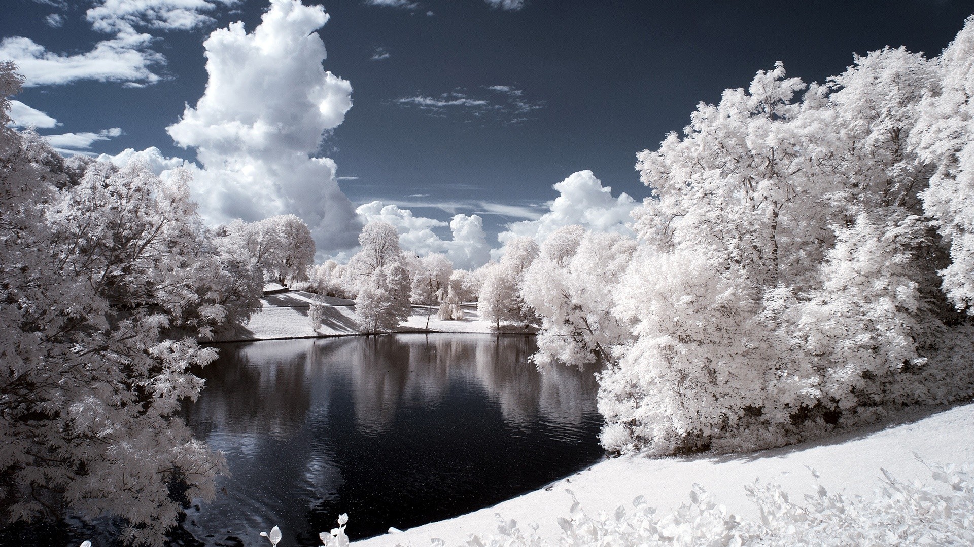 General 1920x1080 simple background minimalism lake pond nature snow trees landscape infrared clouds winter cold ice