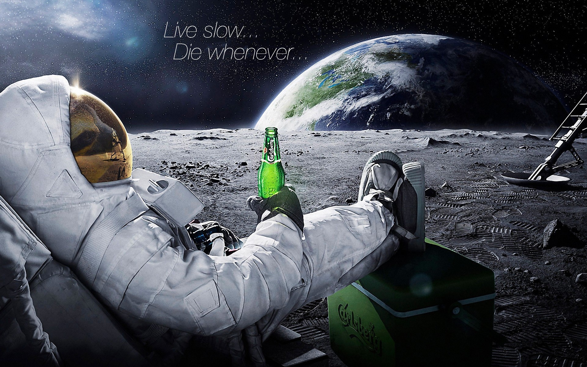 General 1920x1200 Carlsberg typography alcohol Moon digital art beer advertisements Earth astronaut relaxation space bottles sitting
