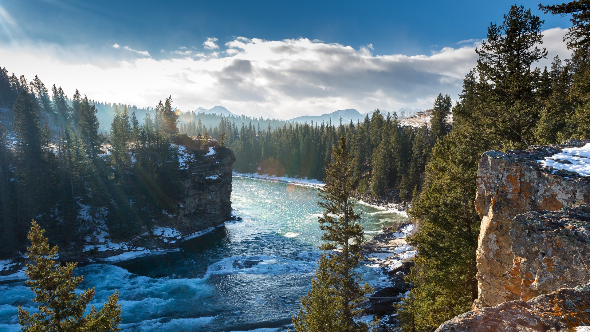 General 1920x1080 nature river trees Canada landscape clouds waves mist snow ice pine trees