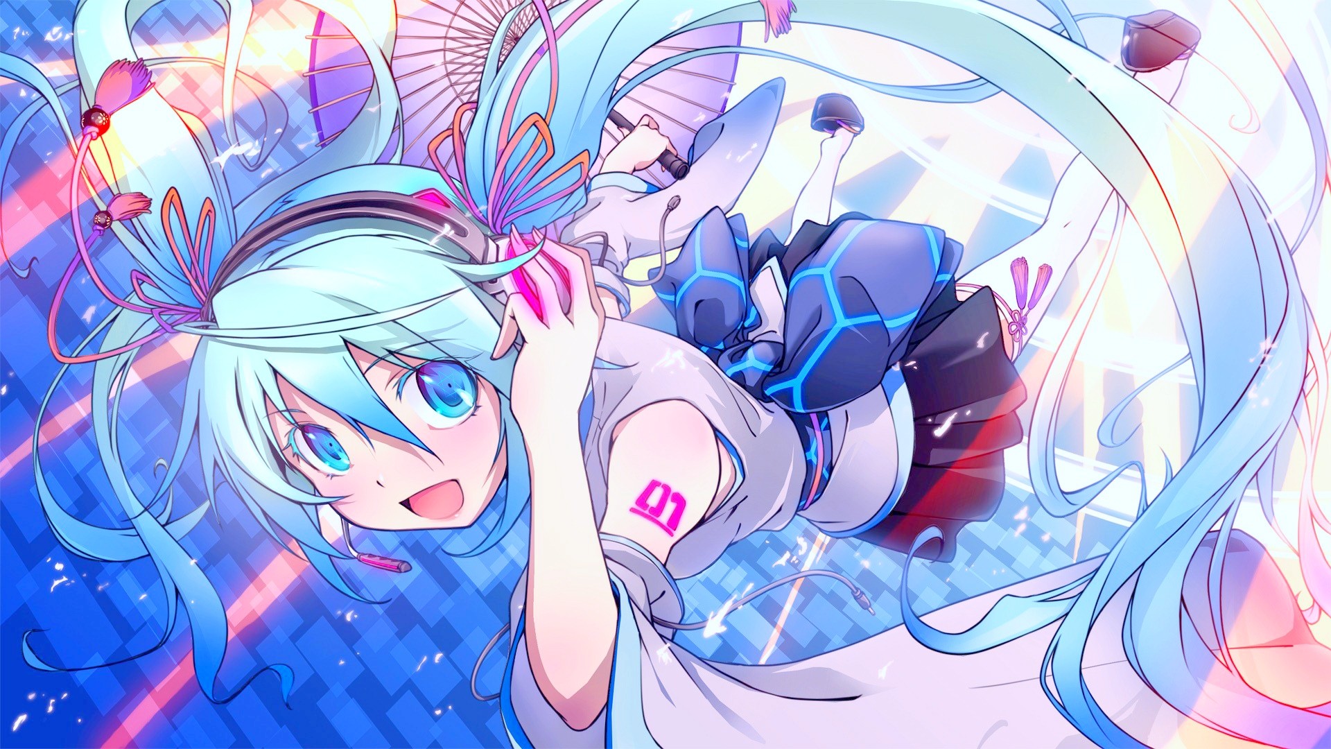 Anime 1920x1080 anime Hatsune Miku Vocaloid anime girls blue hair blue eyes open mouth long hair looking at viewer