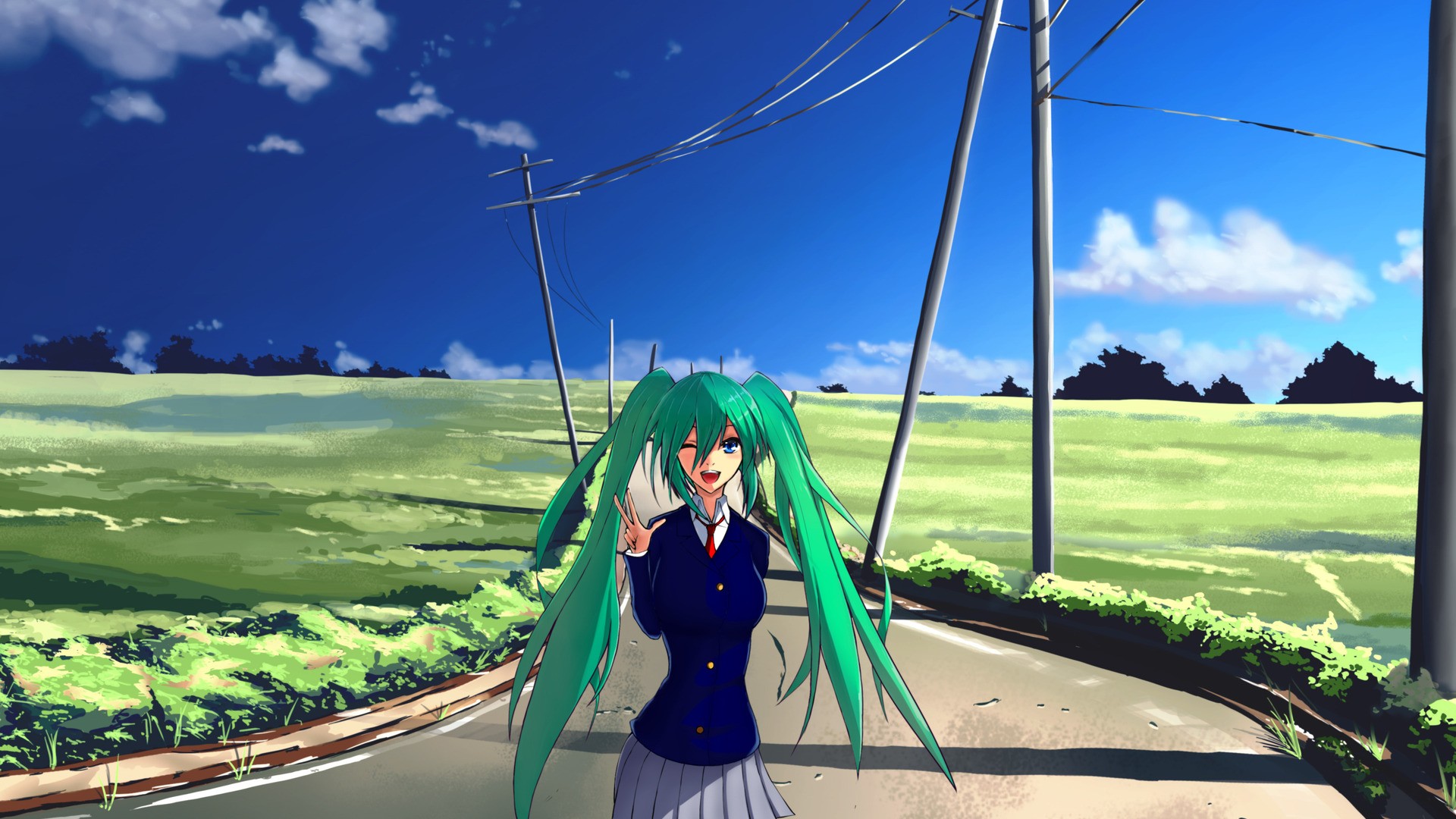 Anime 1920x1080 anime Vocaloid Hatsune Miku anime girls hand gesture green hair long hair open mouth road women outdoors one eye closed blue eyes standing sky power lines
