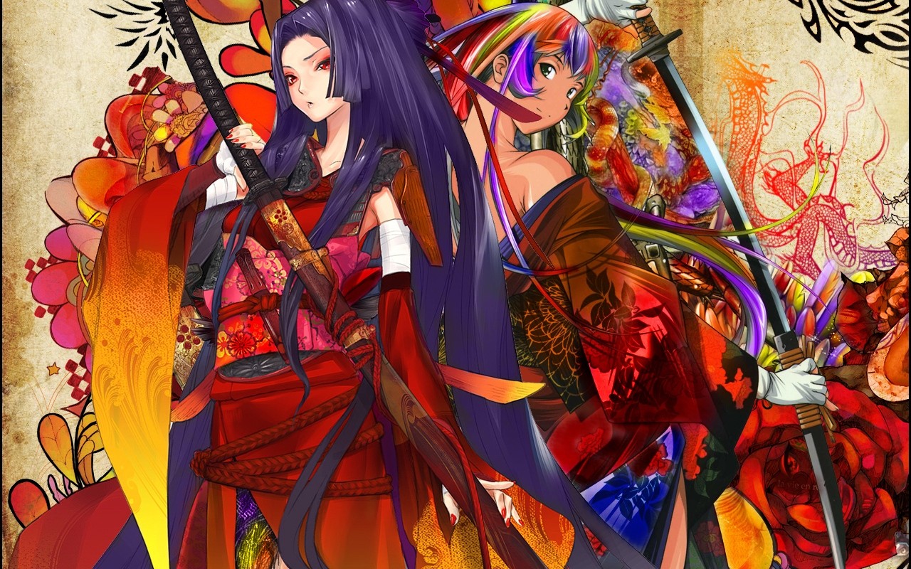 Anime 1280x800 Snyp sword katana original characters anime girls warrior purple hair anime fantasy art fantasy girl two women women with swords long hair