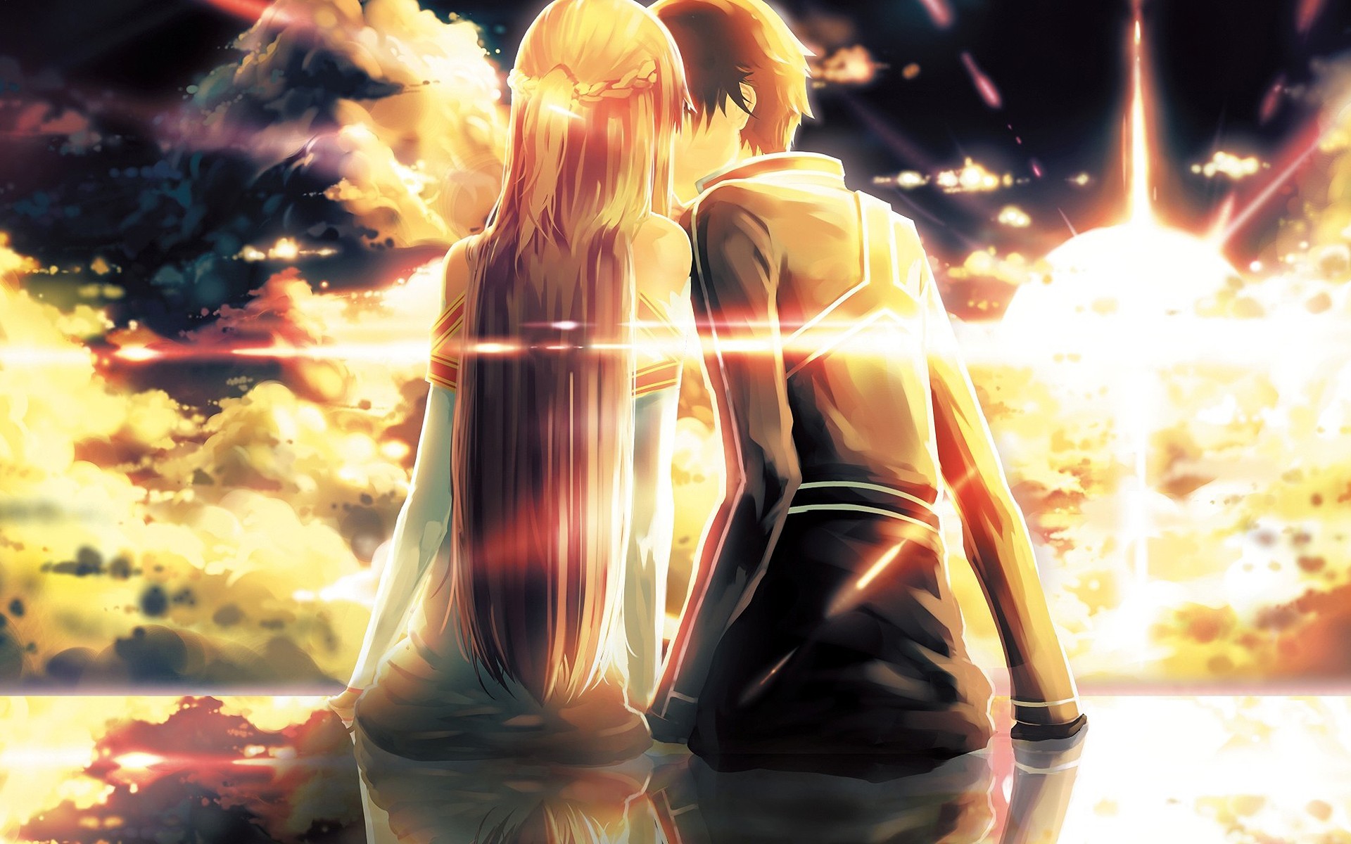 Anime 1920x1200 anime anime girls Sword Art Online kissing long hair Sun sky clouds anime boys outdoors Yuuki Asuna (Sword Art Online) Kirigaya Kazuto (Sword Art Online) couple