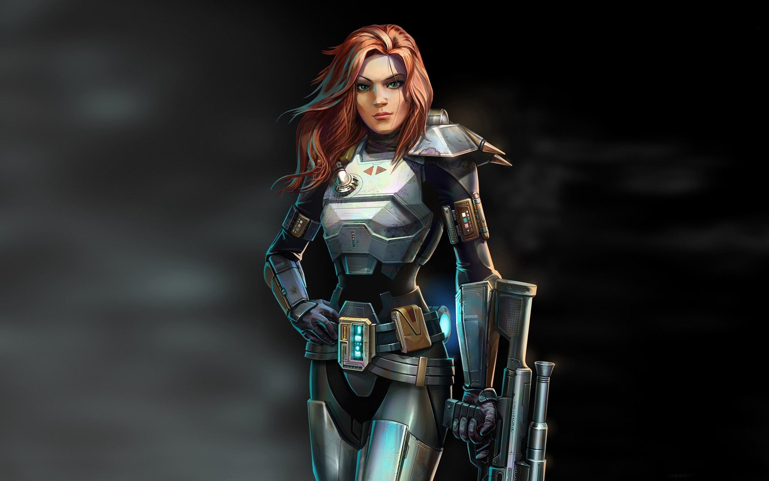 General 2560x1600 Star Wars Star Wars: Knights of the Old Republic video games PC gaming girls with guns science fiction science fiction women video game girls redhead hands on hips standing looking at viewer weapon