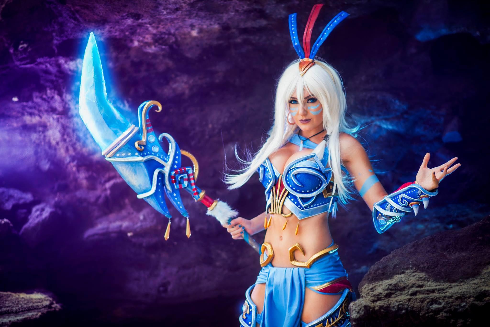 People 2048x1365 cosplay Jessica Nigri women female warrior bra spear face paint boobs costumes fantasy girl weapon white hair belly model