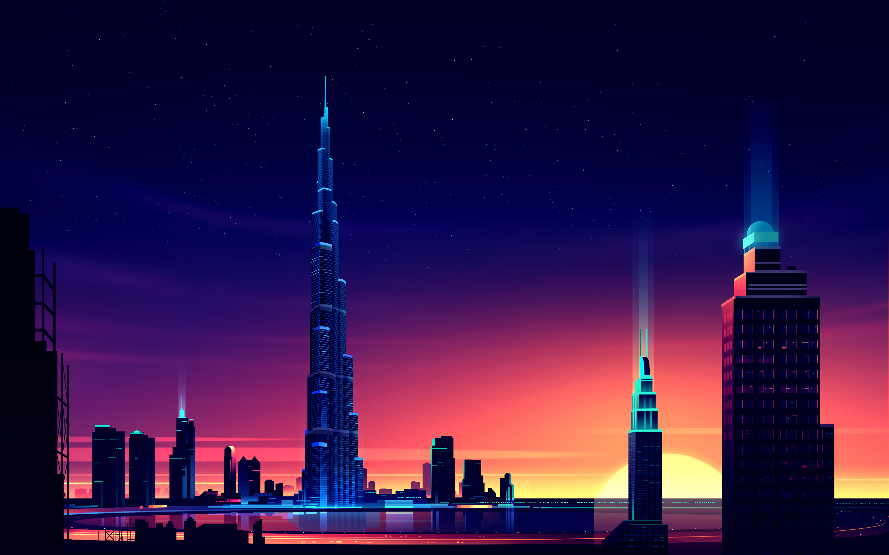 General 2880x1800 artwork building cityscape digital art sky United Arab Emirates Dubai Romain Trystram cyberpunk Burj Khalifa pixels skyscraper night sunset glow sunset landmark Asia lights sunlight colorful Middle East