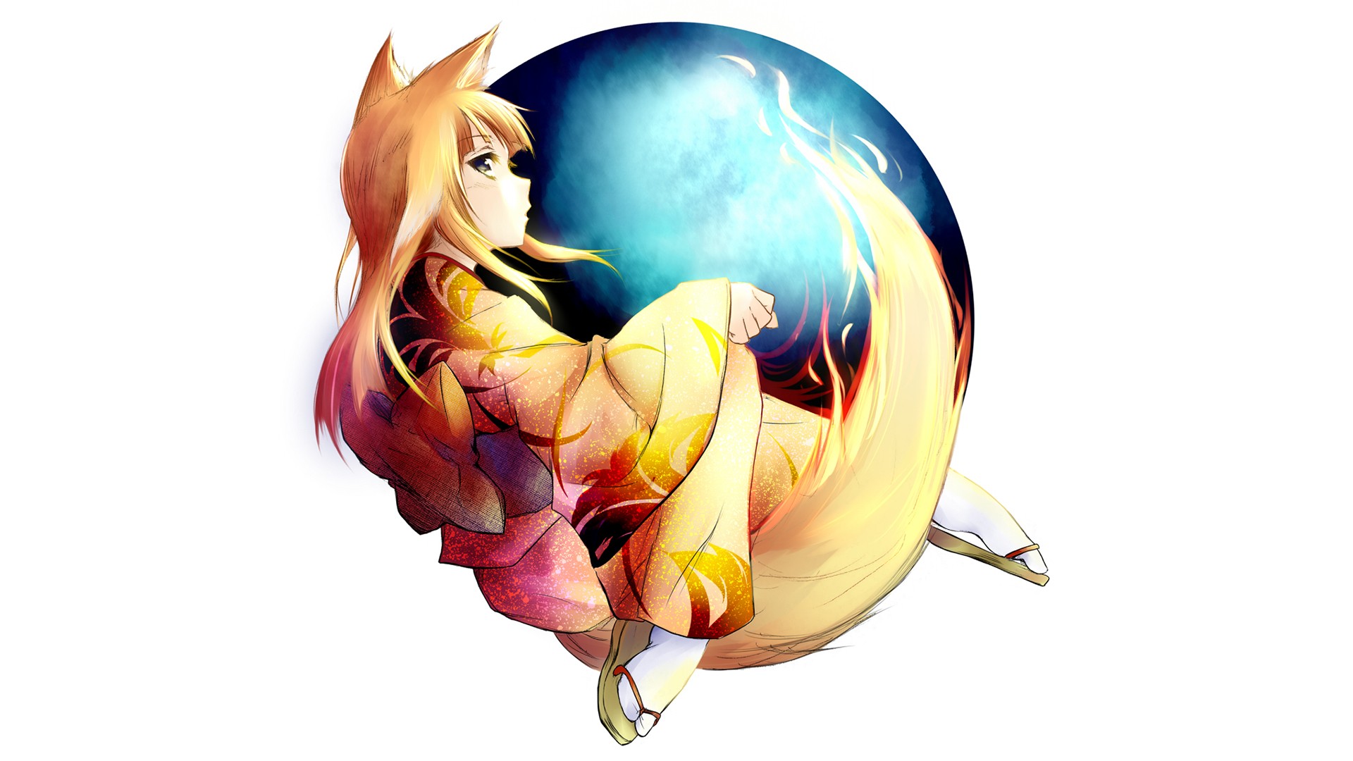 Anime 1920x1080 Mozilla Firefox fox girl kimono animal ears white background simple background anime anime girls long hair tail