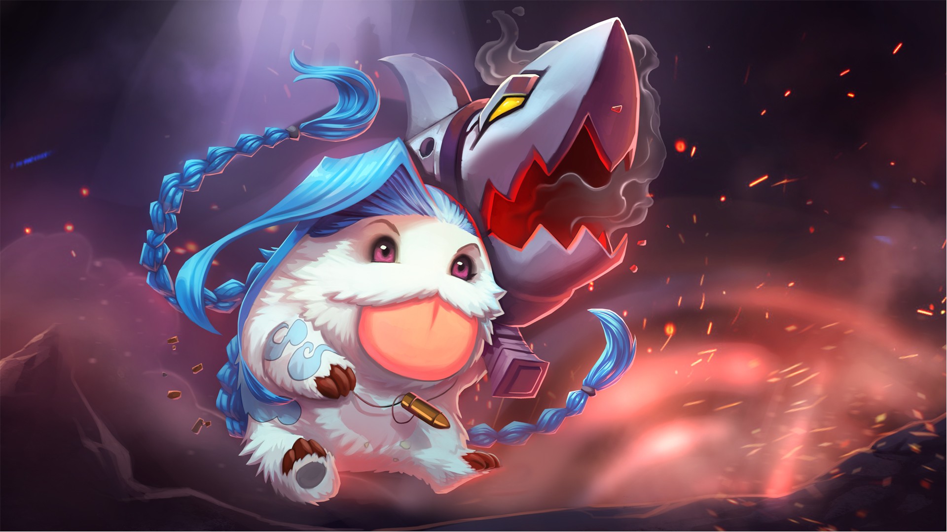 General 1920x1080 League of Legends Jinx (League of Legends) Poro (League of Legends) PC gaming video game art video game characters digital art video games tongue out smiling ammunition braids video game girls blue hair looking away smoke simple background