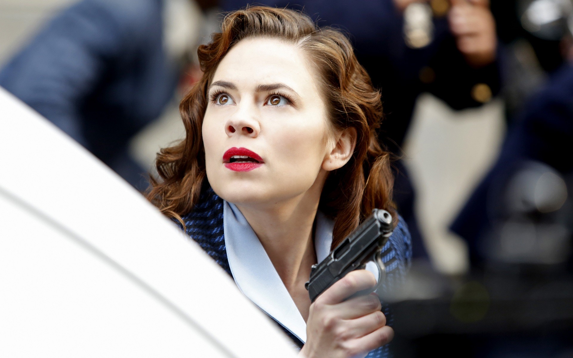 People 1920x1200 Peggy Carter Hayley Atwell women actress red lipstick gun pistol weapon face movies Captain America girls with guns Marvel Cinematic Universe film stills