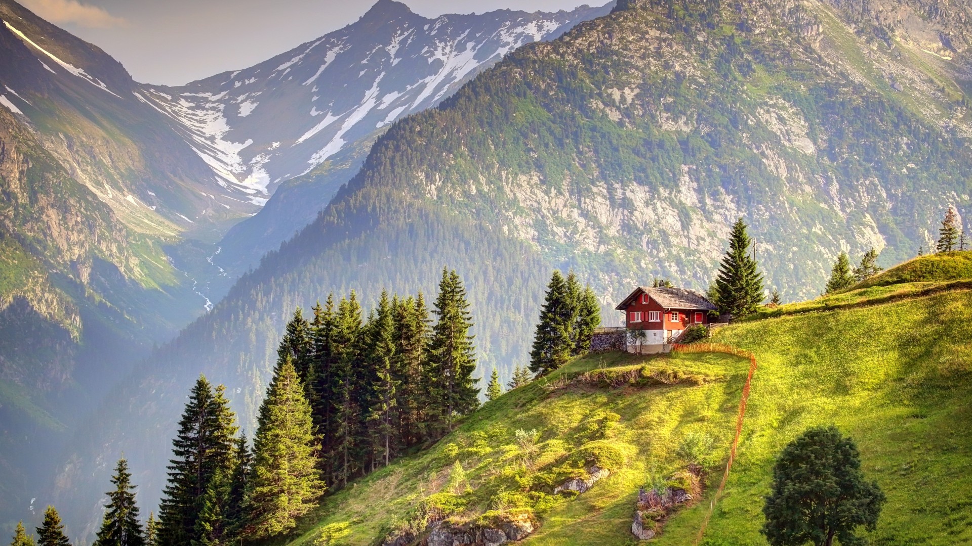 General 1920x1080 landscape mountains cottage Swiss Alps pine trees idyllic nature