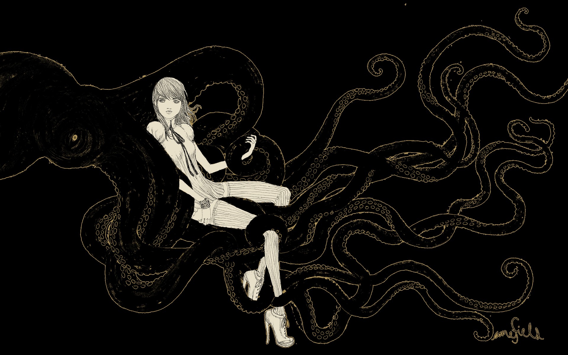 General 1920x1200 artwork monochrome octopus stockings heels women tentacles somefield