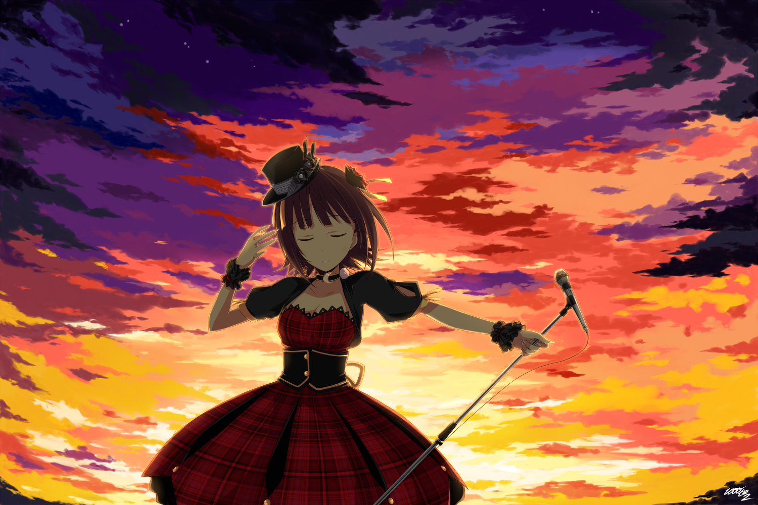 Anime 1500x1000 THE iDOLM@STER anime anime girls Amami Haruka funny hats hat women with hats microphone closed eyes sky clouds sunlight red dress standing