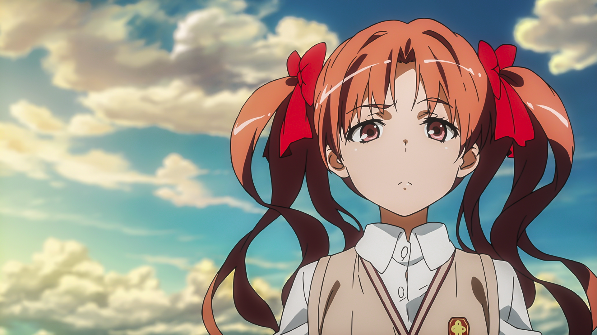 Anime 1920x1080 anime To Aru Kagaku no Railgun Shirai Kuroko anime girls face sad long hair sky clouds