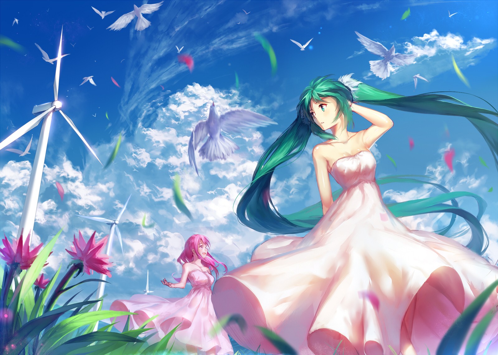 Anime 1600x1142 anime anime girls Hatsune Miku Vocaloid Megurine Luka long hair birds sky wind turbine Pixiv flowers dress