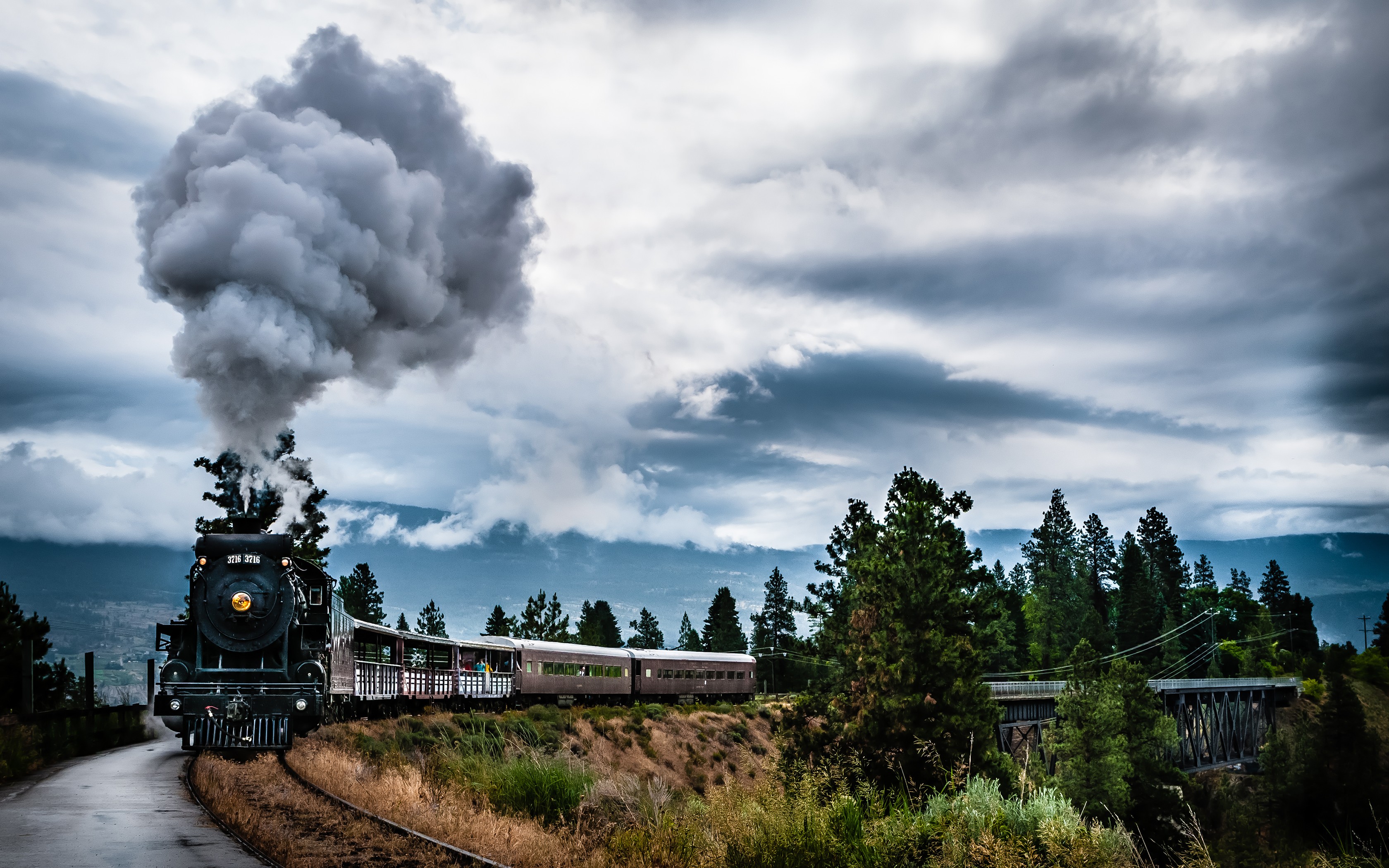 General 3360x2100 train machine smoke trees clouds bridge railway steam locomotive vehicle Steam Train locomotive outdoors