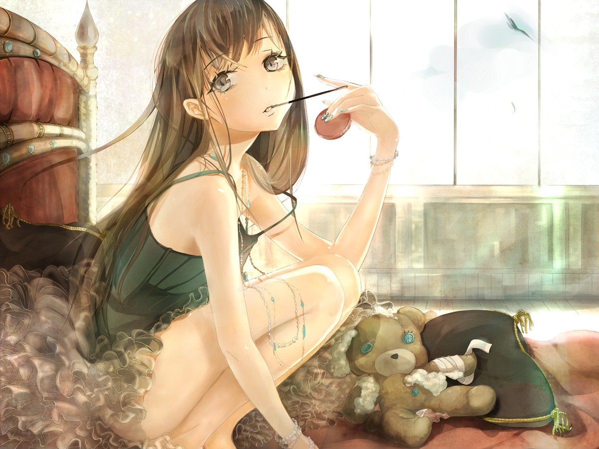 Anime 1200x900 soft shading original characters long hair gray eyes teddy bears jewelry birds anime girls Keepout plush toy women indoors indoors brunette squatting looking at viewer