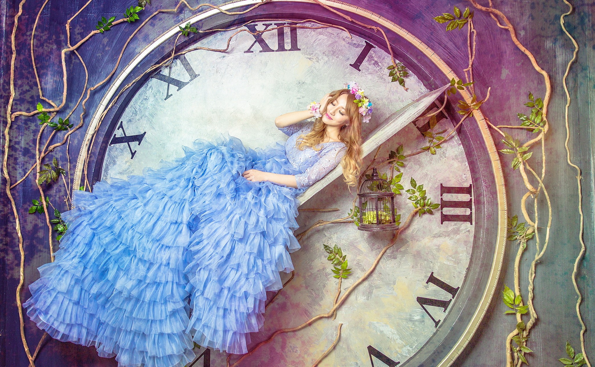 People 2048x1262 clocks women fantasy art model Alice fantasy girl closed eyes dress cages blue dress