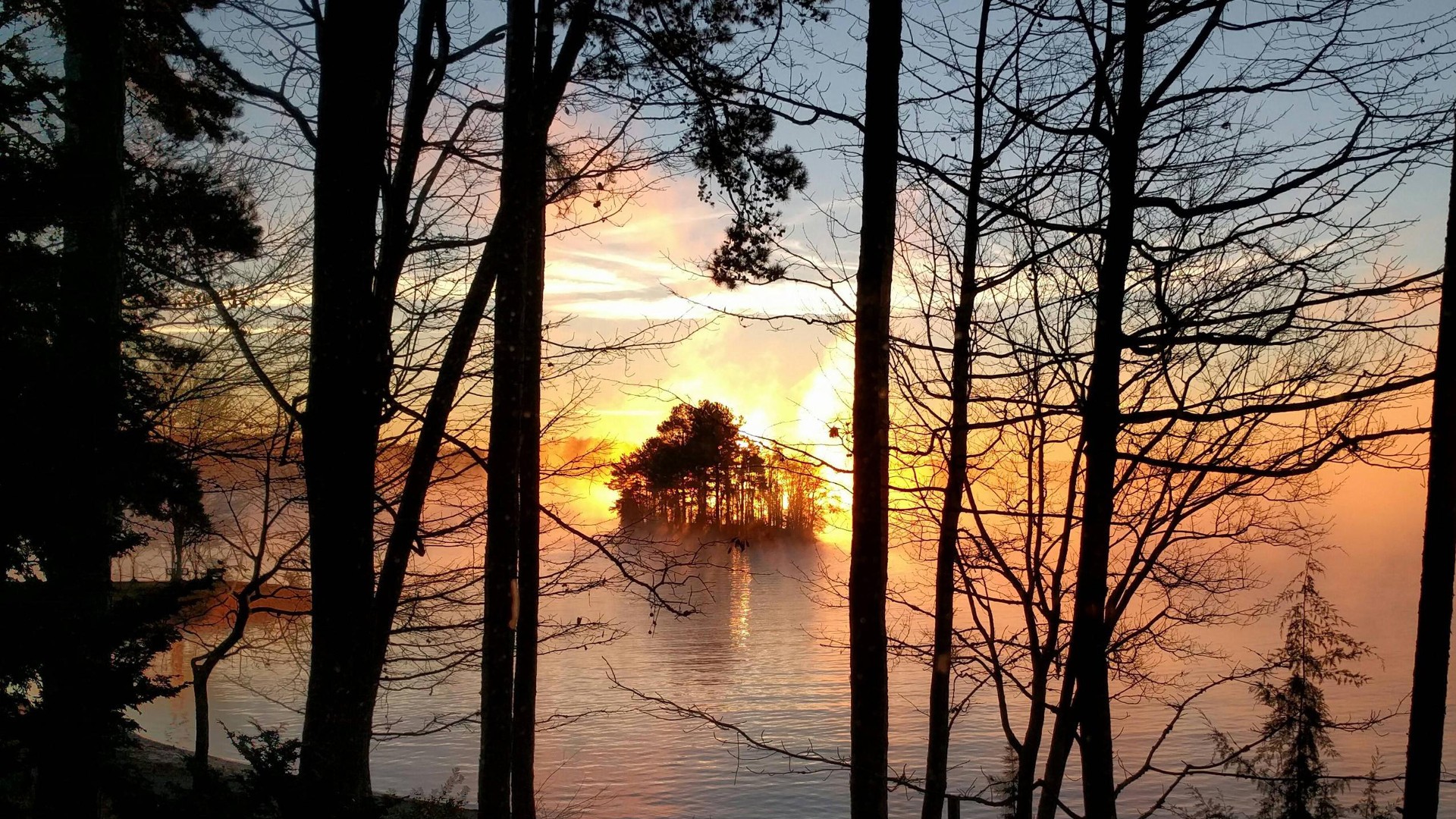 General 1920x1080 South Carolina trees island sunset mist sunrise lake USA nature sunlight