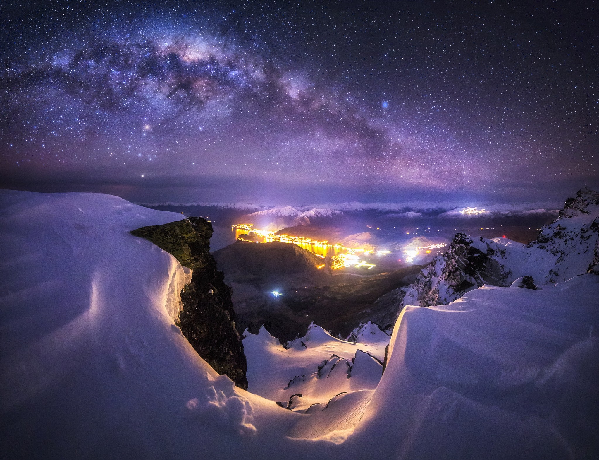 General 2048x1571 landscape nature Milky Way galaxy city starry night mountains snow winter Queenstown lights New Zealand long exposure
