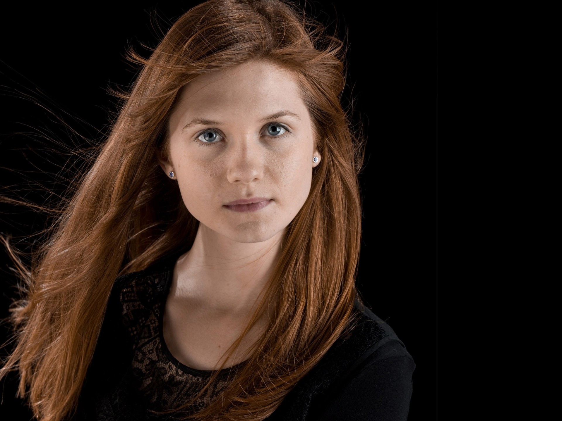 People 1920x1440 women Bonnie Wright actress celebrity face portrait looking at viewer women indoors indoors black background simple background