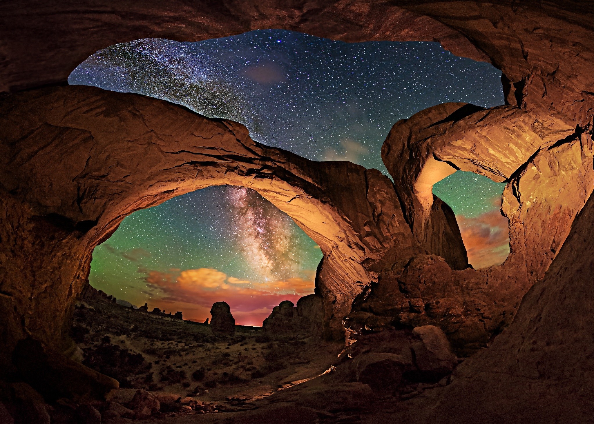 General 2048x1463 nature landscape Milky Way starry night desert rocks erosion Arches National Park Utah long exposure USA stars