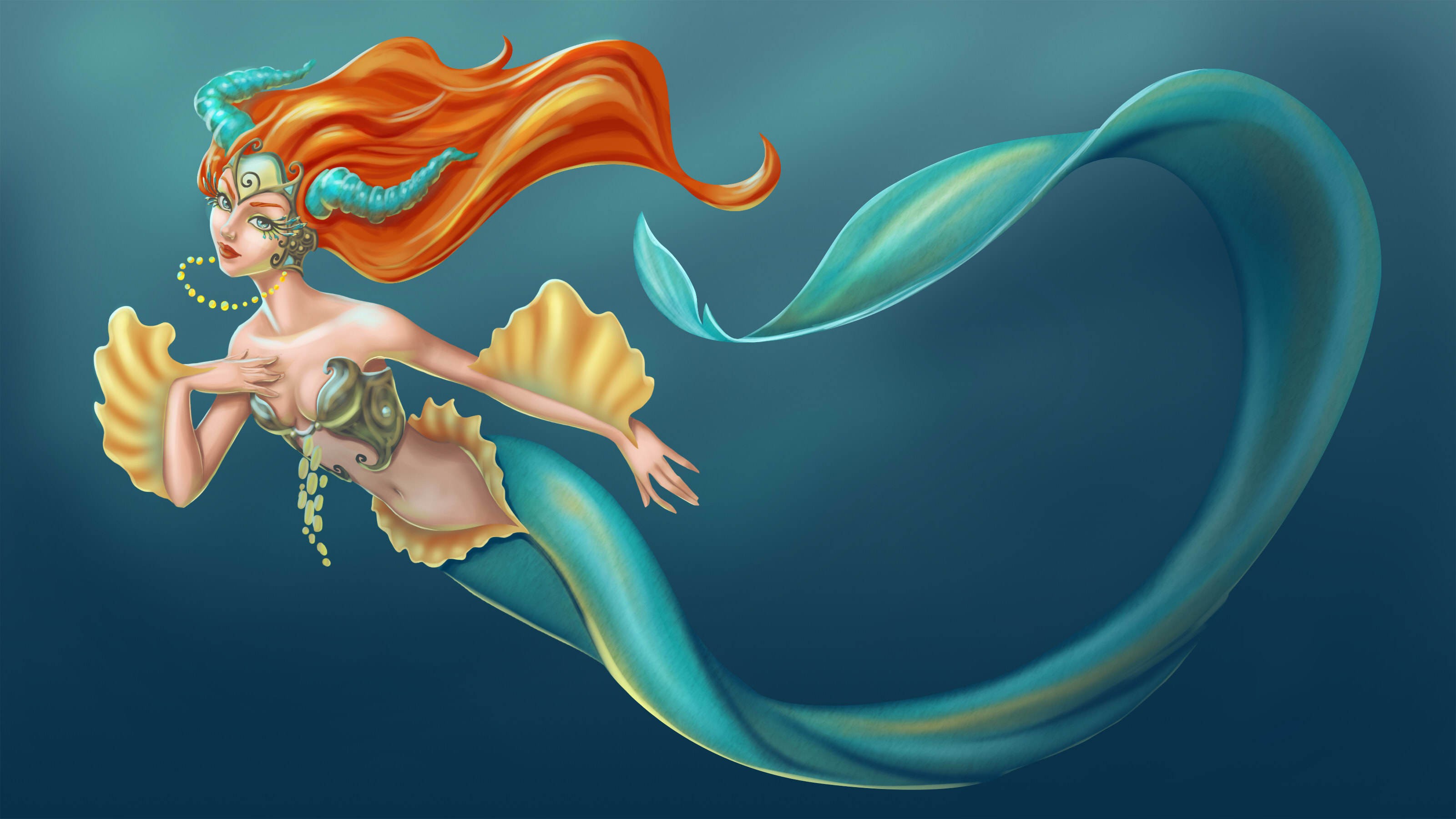 General 3200x1800 fantasy art women mermaids redhead underwater fantasy girl digital art