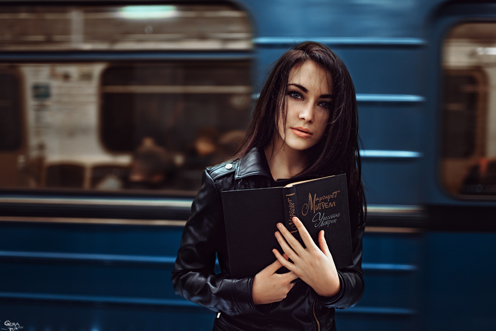 People 2048x1367 model depth of field brunette books women Georgy Chernyadyev leather jacket black jackets looking at viewer dark hair 500px