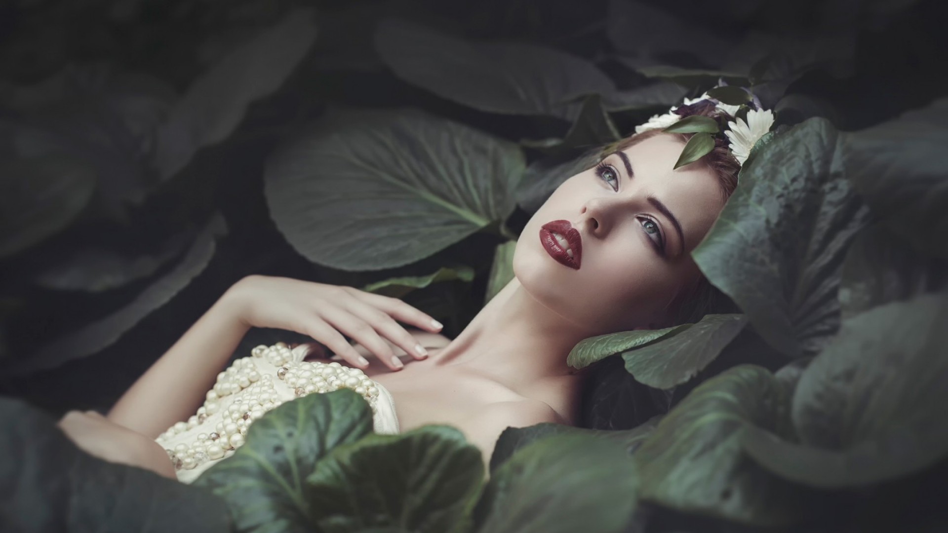 People 1920x1080 women nature model dress women outdoors brunette red lipstick face open mouth leaves pearls water lilies flower in hair fantasy girl makeup plants looking up