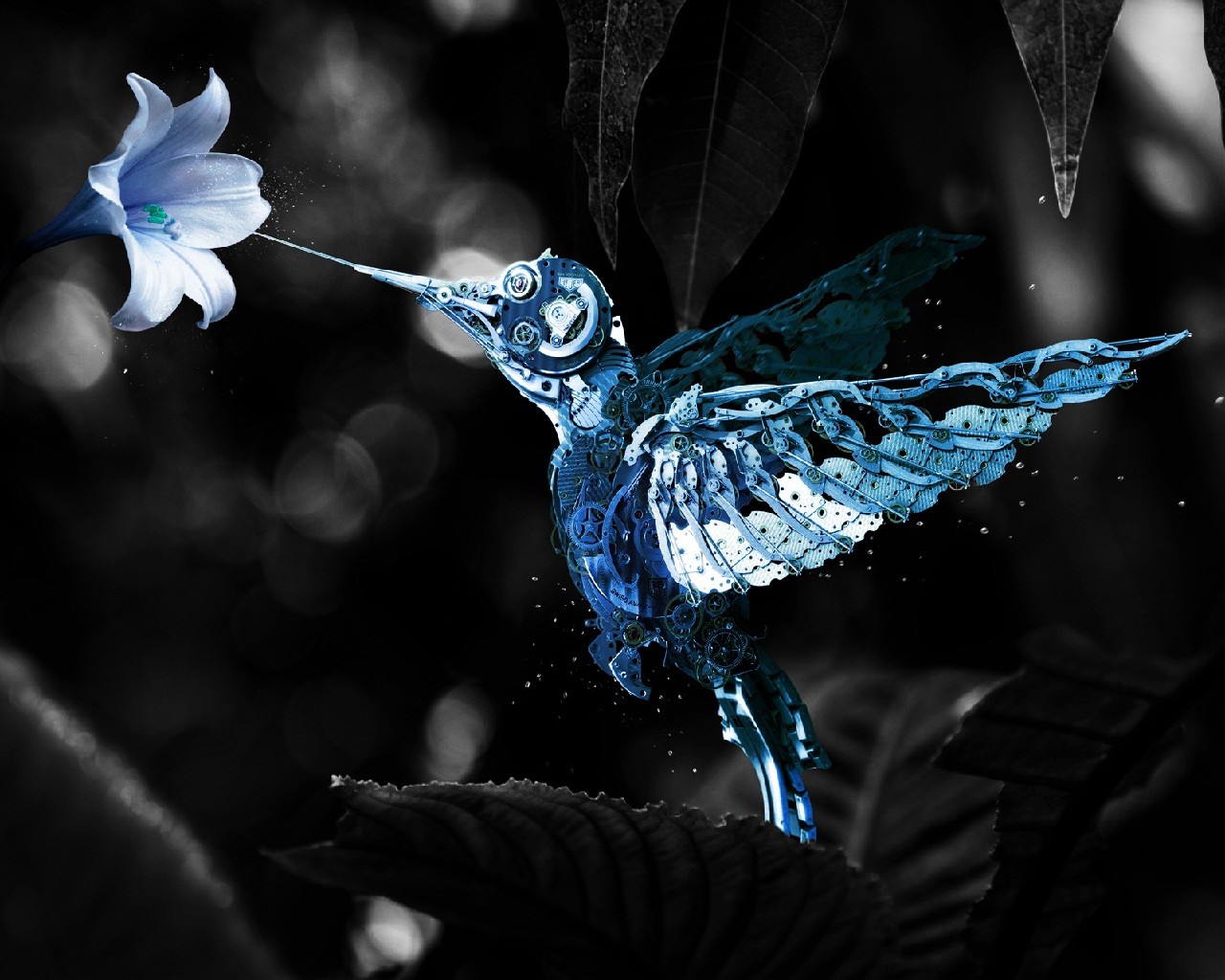 General 1280x1024 machine digital art selective coloring birds hummingbirds blue flowers blue plants flowers