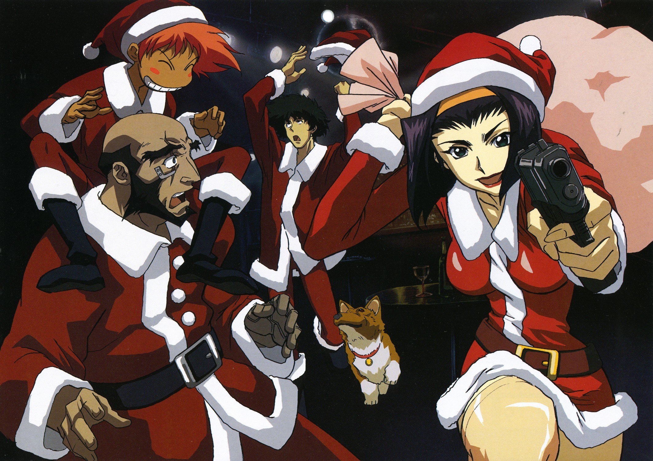 Anime 2123x1500 Cowboy Bebop Christmas anime Spike Spiegel anime girls anime men girls with guns aiming gun weapon Santa costume at gunpoint