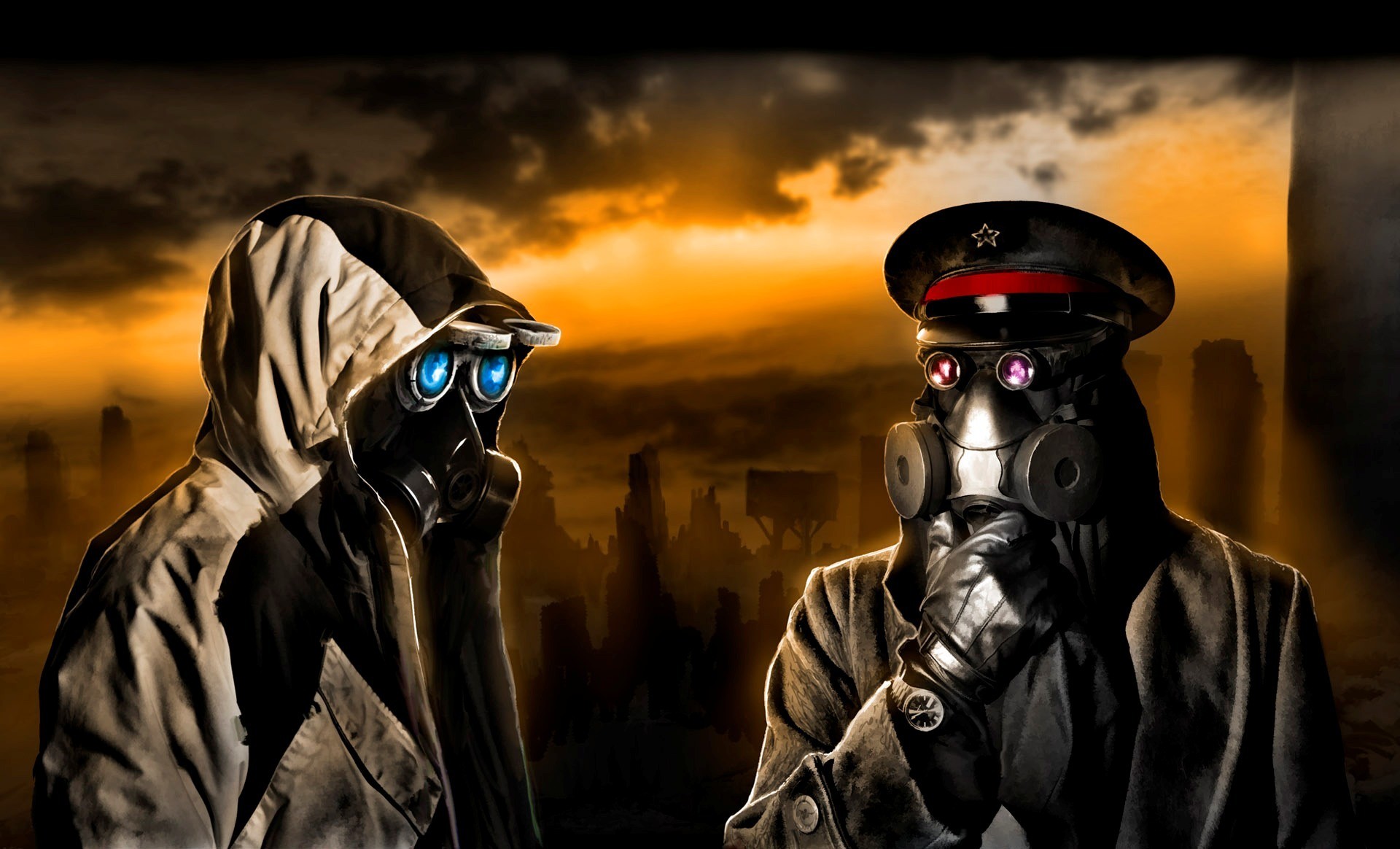 General 1920x1164 artwork apocalyptic men gas masks hat glasses clouds sunlight Romantically Apocalyptic Vitaly S Alexius Gone with the Blastwave