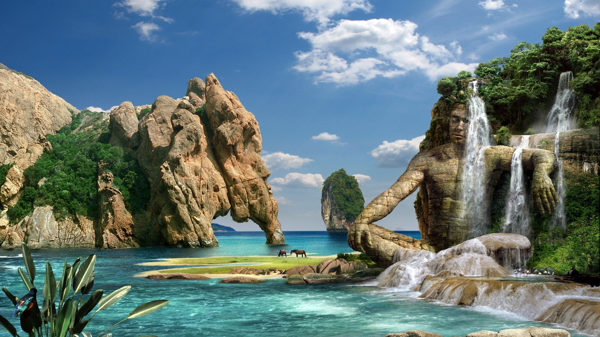 General 1920x1080 fantasy art digital art CGI nature statue water artwork sky clouds rocks rock formation