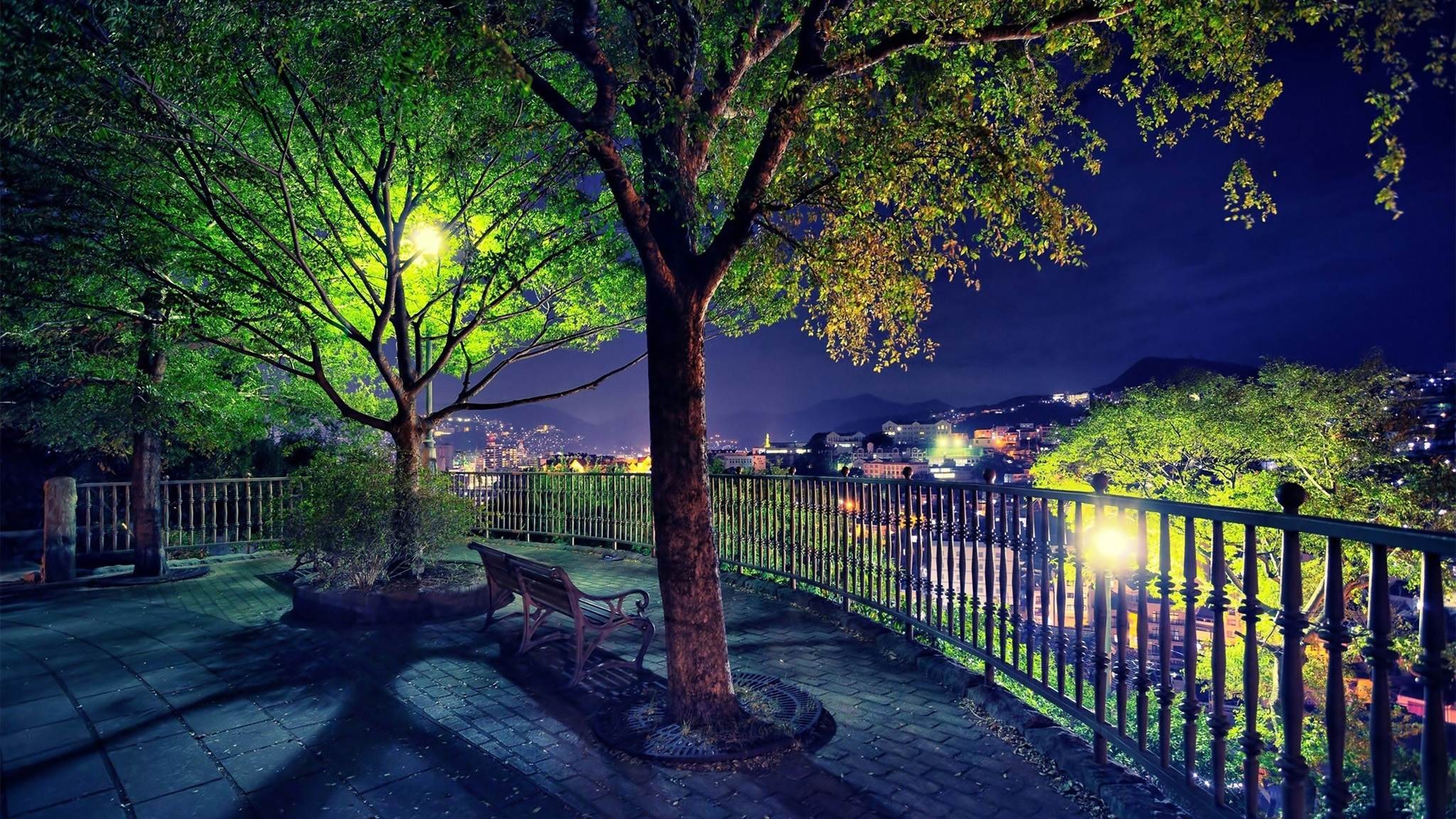 General 2048x1152 trees cityscape night bench lantern
