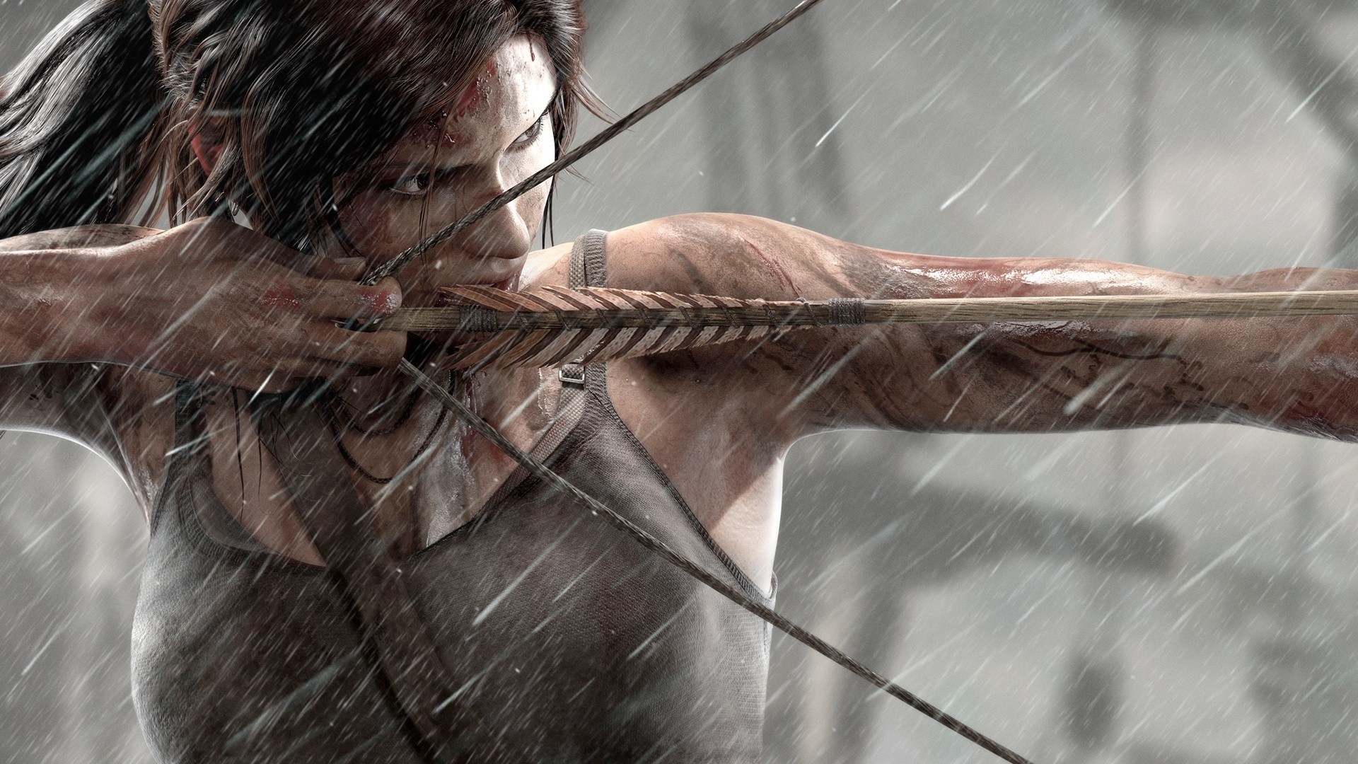 General 1920x1080 bow and arrow women rain wounds injured Lara Croft (Tomb Raider) video game characters