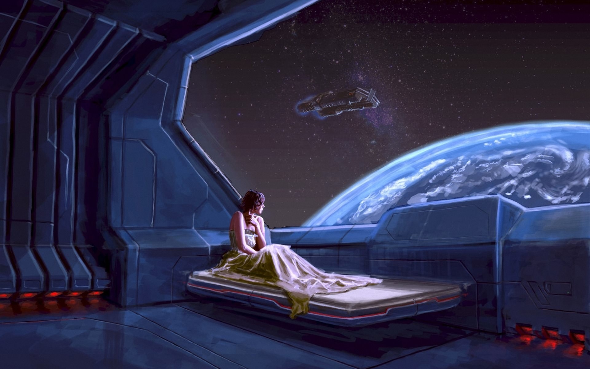 General 1920x1200 digital art bed space futuristic science fiction women brunette spaceship science fiction women artwork vehicle in bed looking out window