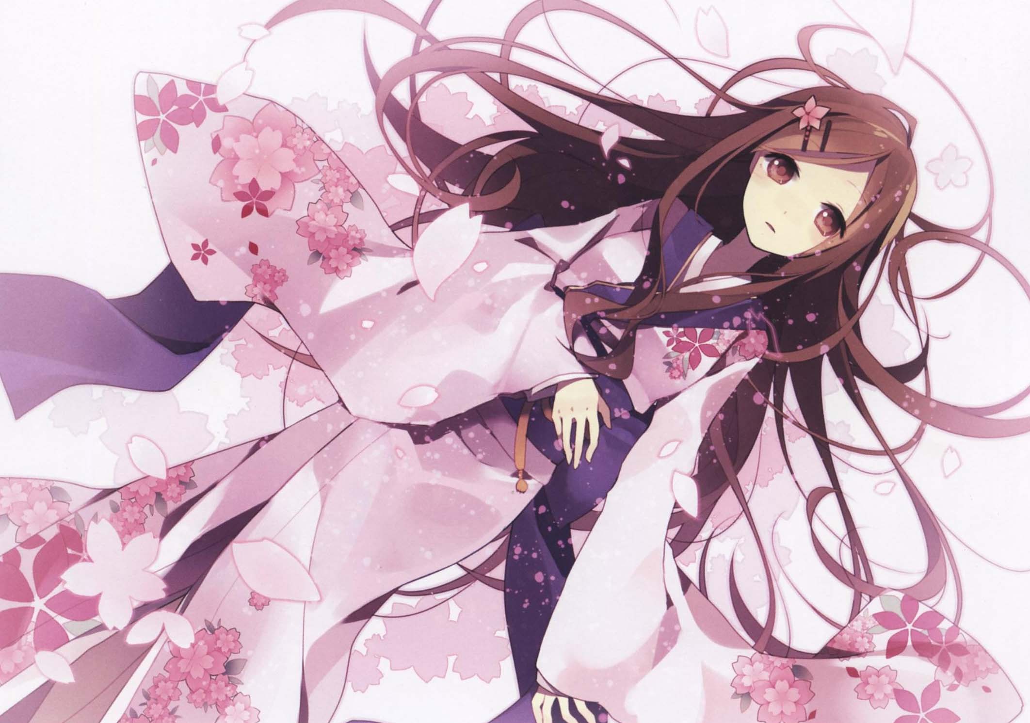 Anime 2124x1491 traditional clothing original characters brunette anime girls anime long hair Japanese clothes brown eyes looking at viewer fantasy art fantasy girl