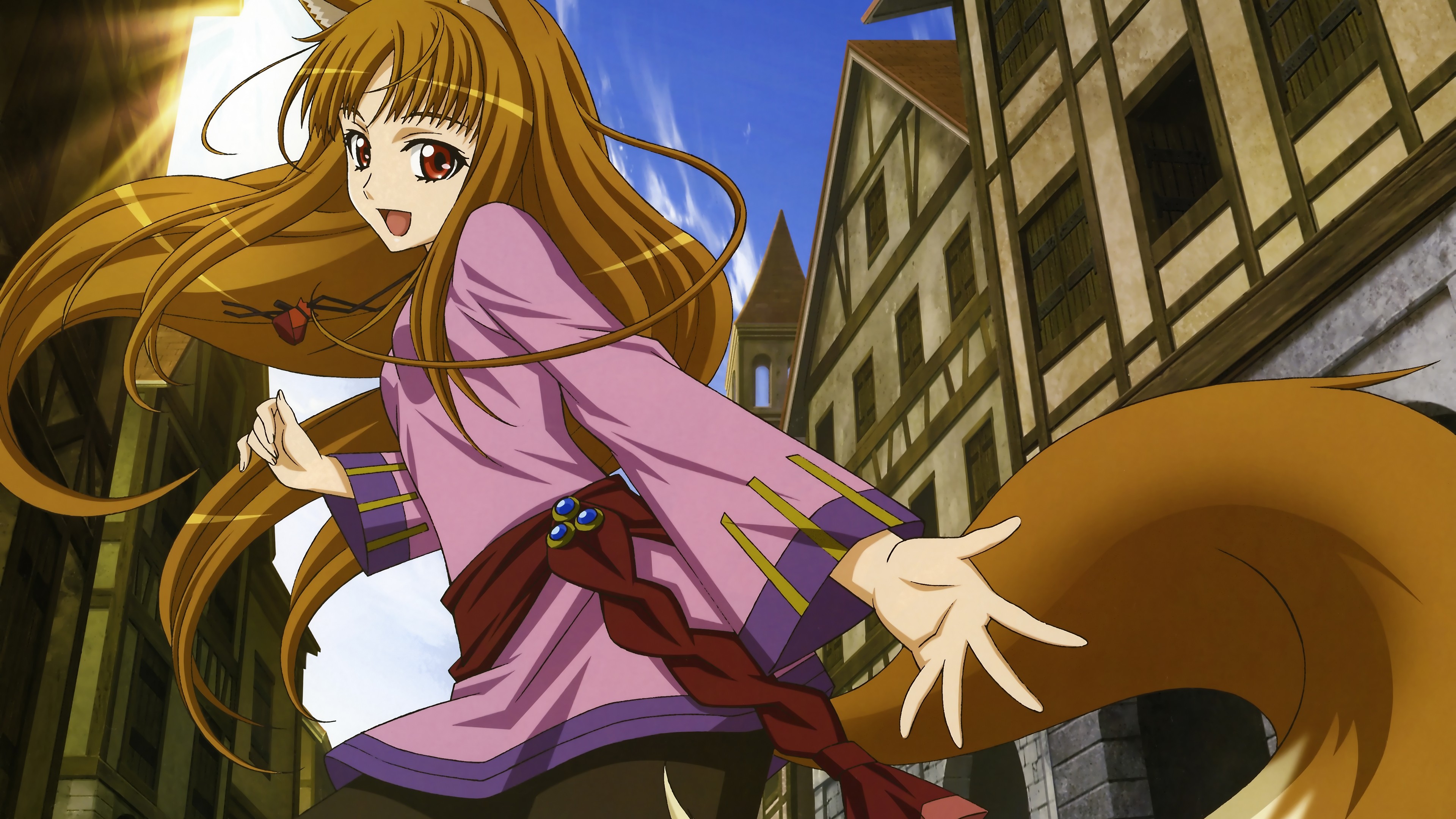 Anime 3840x2160 anime Spice and Wolf Holo (Spice and Wolf) anime girls wolf girls long hair tail pink clothing red eyes open mouth