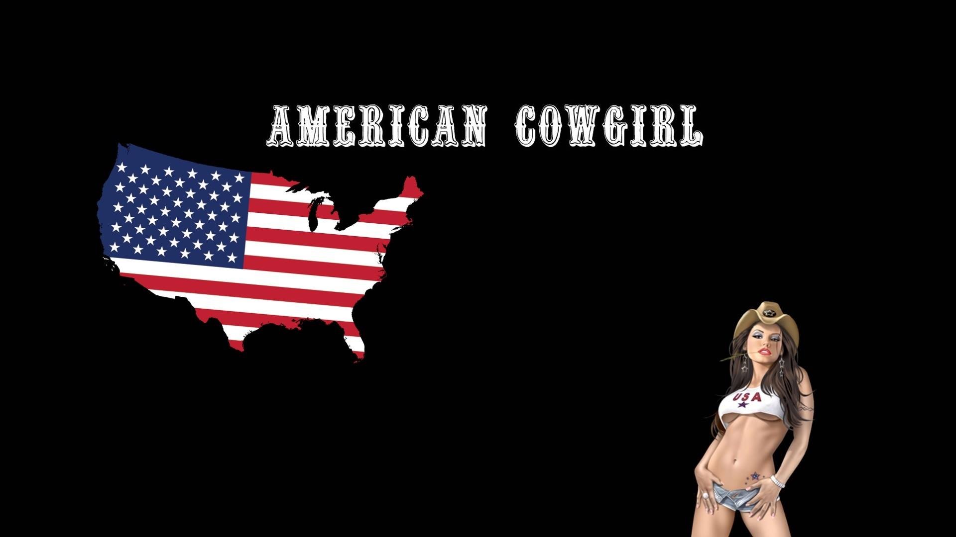 General 1920x1080 American flag cowgirl USA The art of Garv flag belly hat women with hats simple background black background looking at viewer brunette artwork