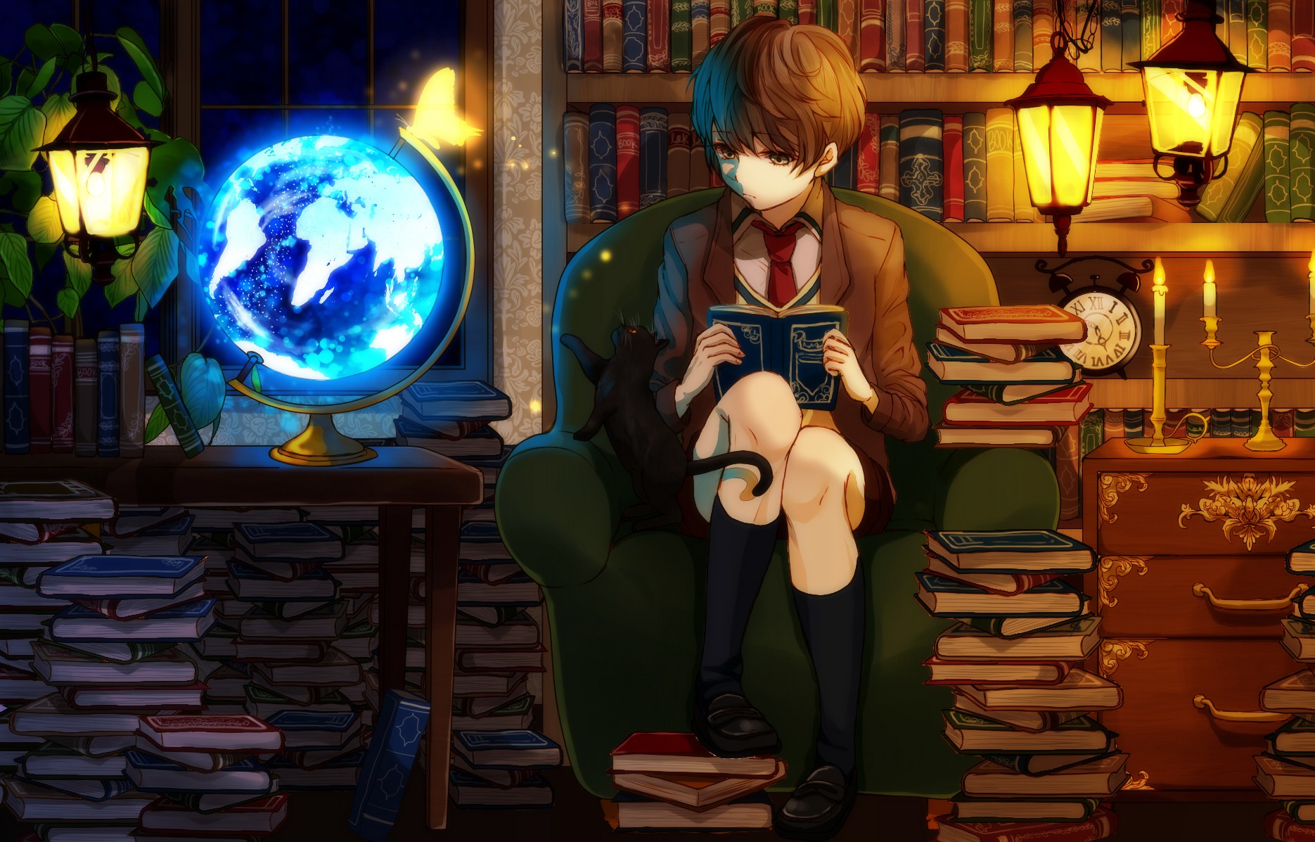 General 1870x1197 anime books original characters library cats globes tie animals mammals sitting socks lantern black socks  knee high socks shoes thighs together