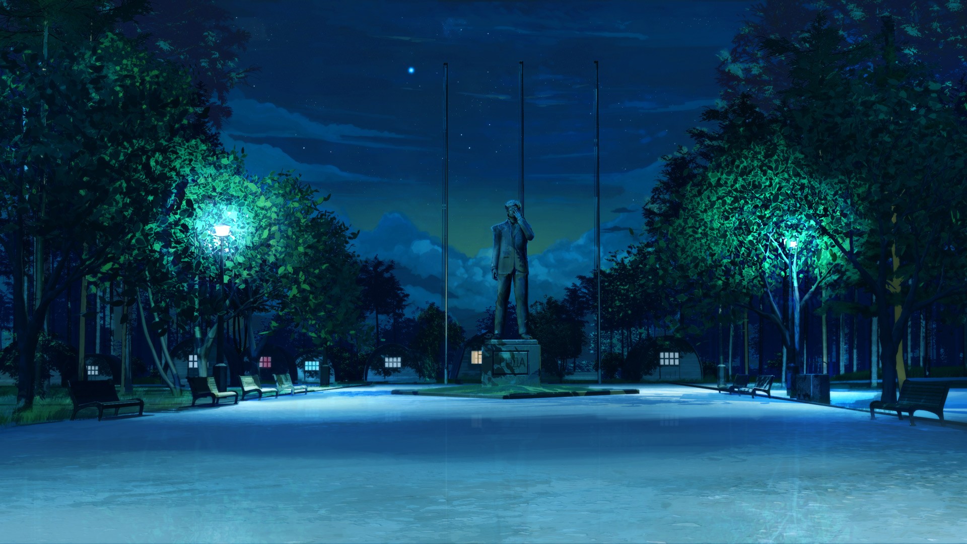 General 1920x1080 starry night bench Everlasting Summer (visual novel) clouds ArseniXC statue anime digital art