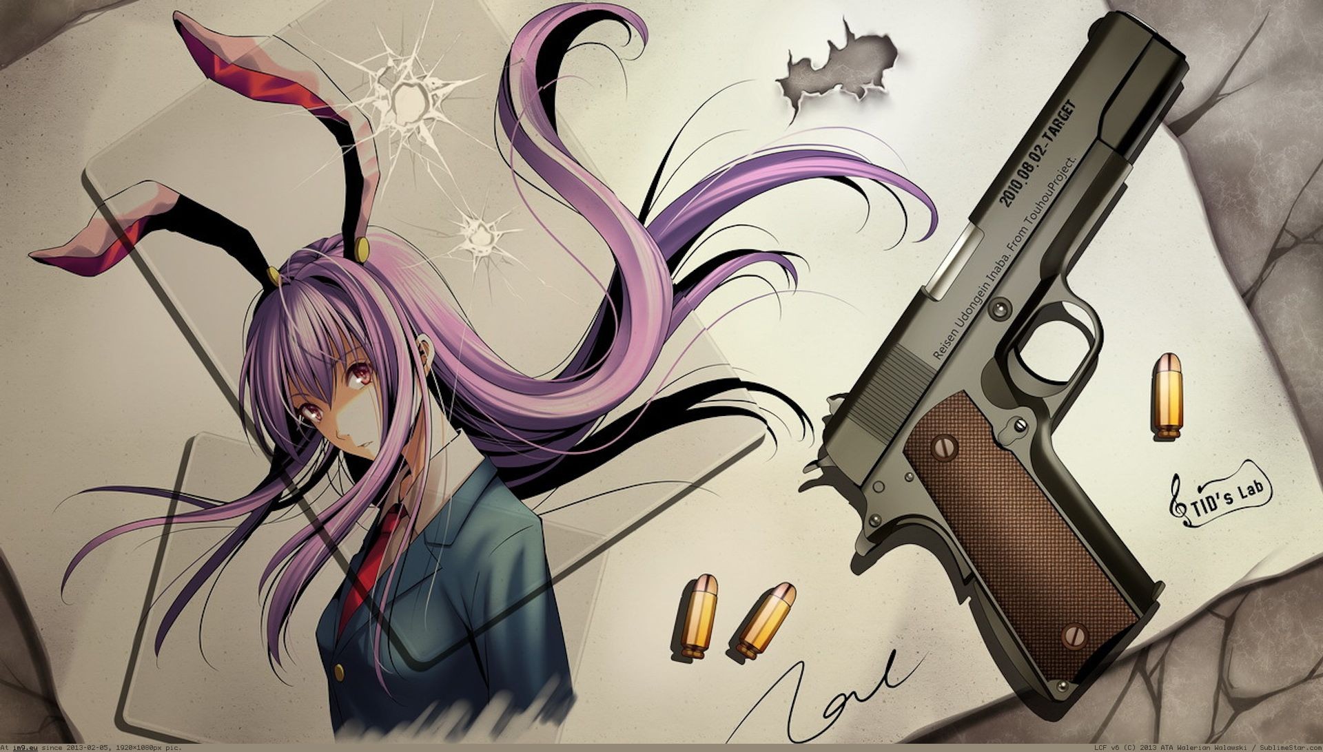 Anime 1920x1092 anime anime girls gun Reisen Udongein Inaba Touhou purple hair bunny ears long hair tie red eyes ammunition weapon 2013 (Year)