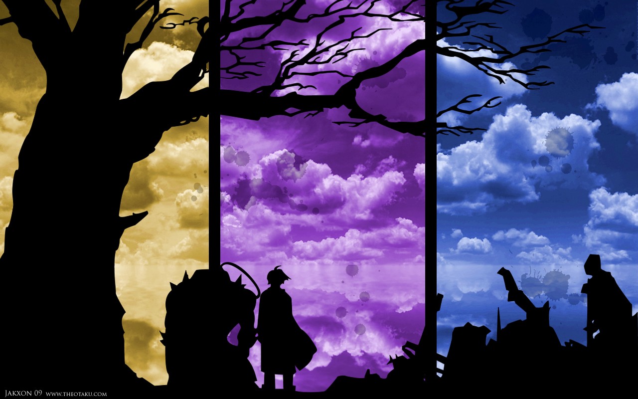 Anime 1280x800 Full Metal Alchemist anime collage sky trees clouds silhouette