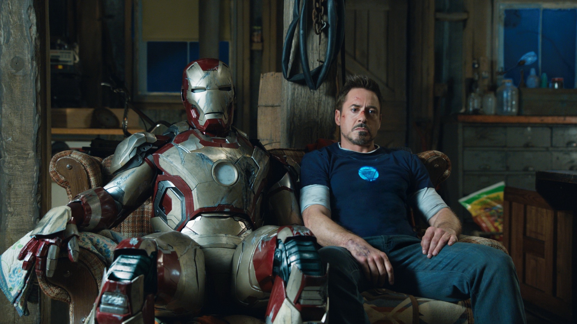 People 1920x1080 Iron Man 3 Robert Downey Jr. Tony Stark Iron Man Marvel Cinematic Universe movies sitting couch film stills men