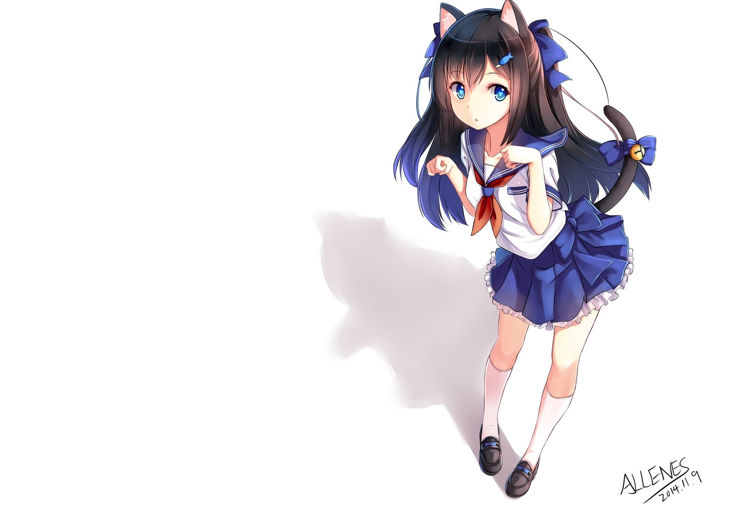 Anime 1500x1004 animal ears black hair blue eyes tail original characters cat girl school uniform Allenes looking at viewer simple background white background 2014 (Year)