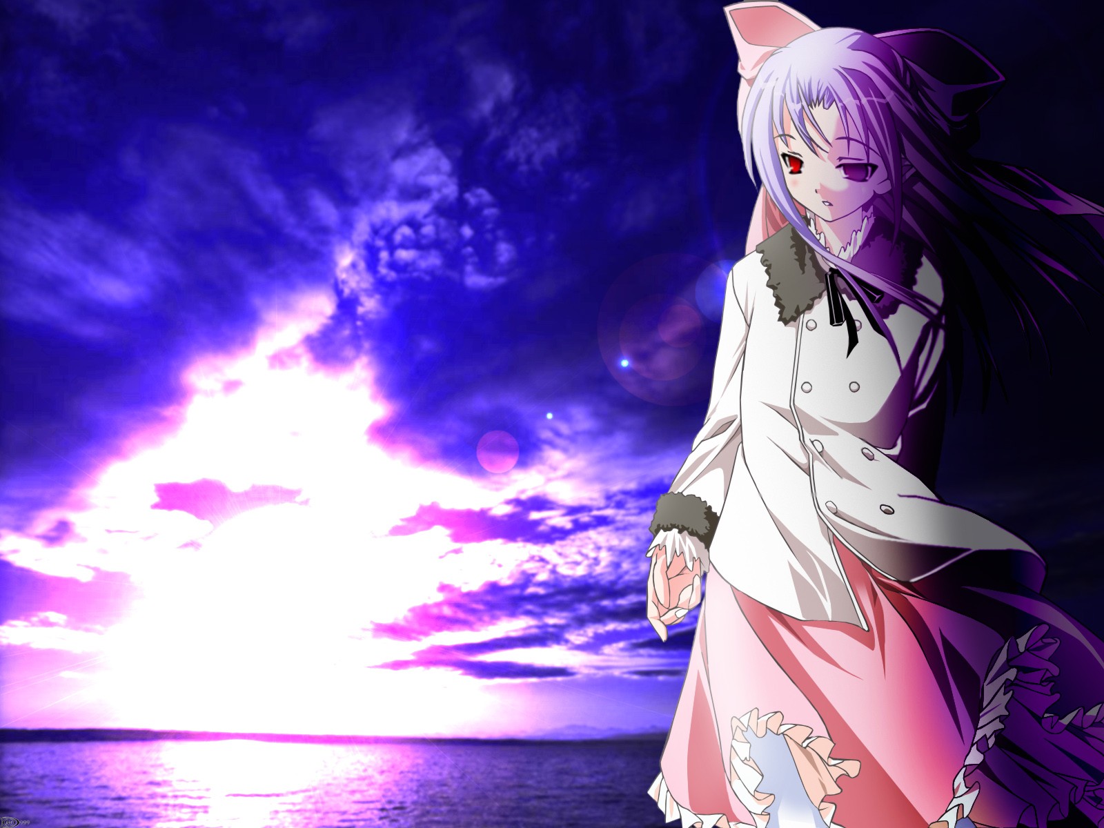 Anime 1600x1200 anime anime girls sky red eyes purple hair clouds heterochromia standing water sunlight