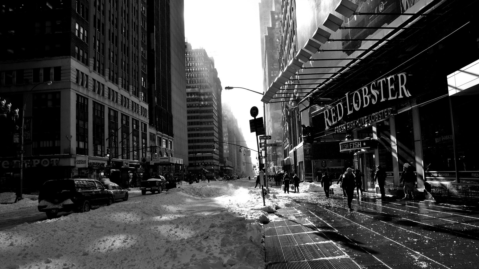 General 1920x1080 cityscape city building monochrome street snow New York City USA urban winter