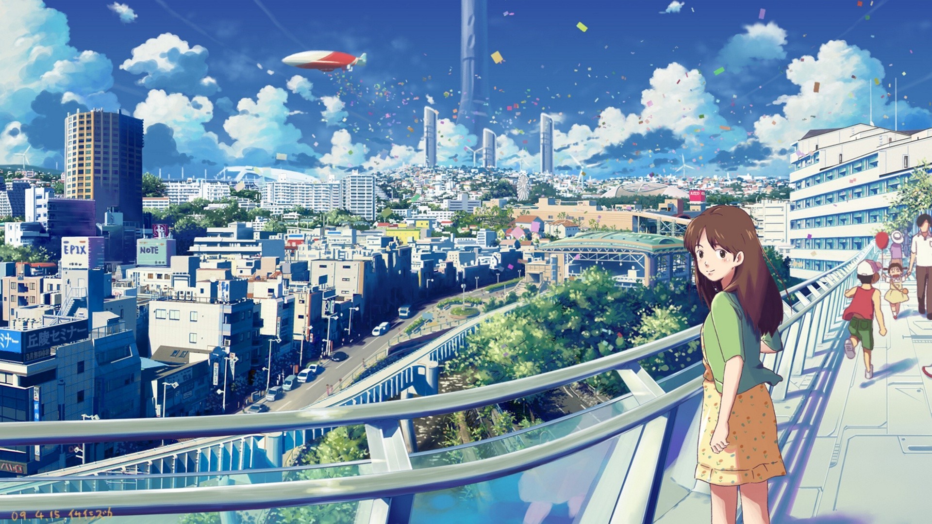 Anime 1920x1080 anime Japan anime girls Asia looking at viewer cityscape clouds brunette city