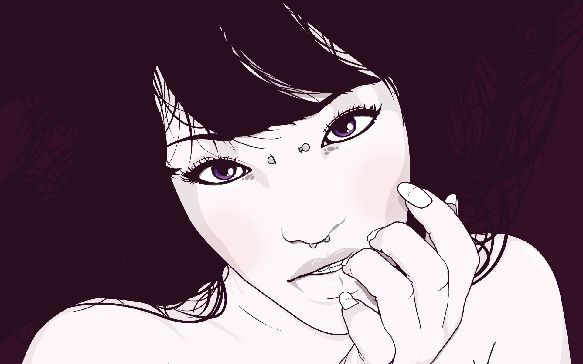 Anime 1920x1200 vector nails piercing face purple eyes artwork pierced nose fingernails women looking at viewer
