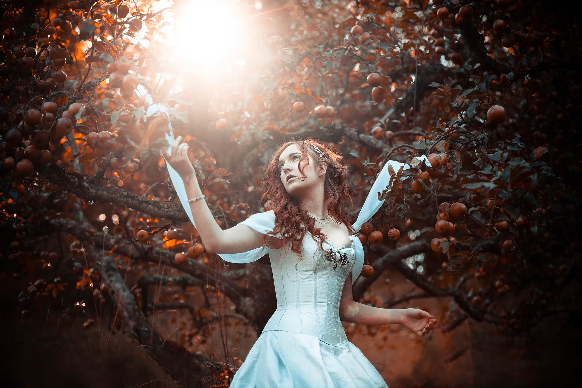 People 2001x1334 women corset white women outdoors fantasy girl outdoors trees plants looking up dress redhead